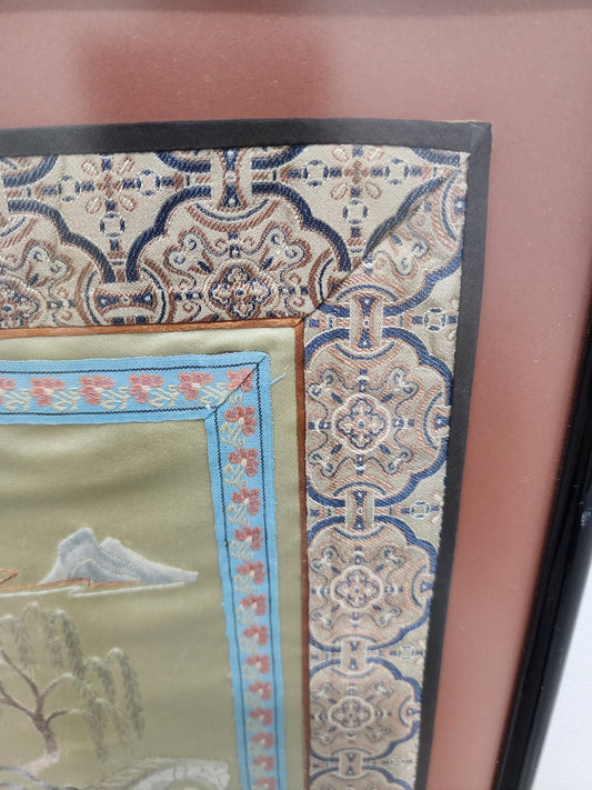 Chinese hand-embroidered silk tapestry panel, beautifully framed and matted
