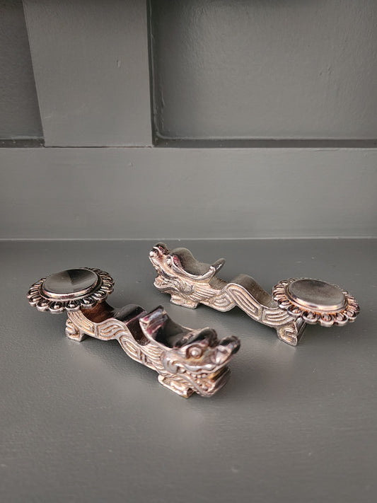 Set of 2 Vintage Chinese Dragon-shaped Silver-tone Metal Chopstick Rests or Utensil Holders