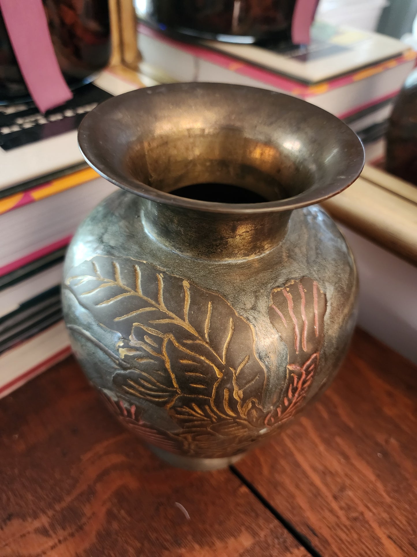 W.M. Rogers & Son, Solid Brass Vase with an Etched Floral Design.