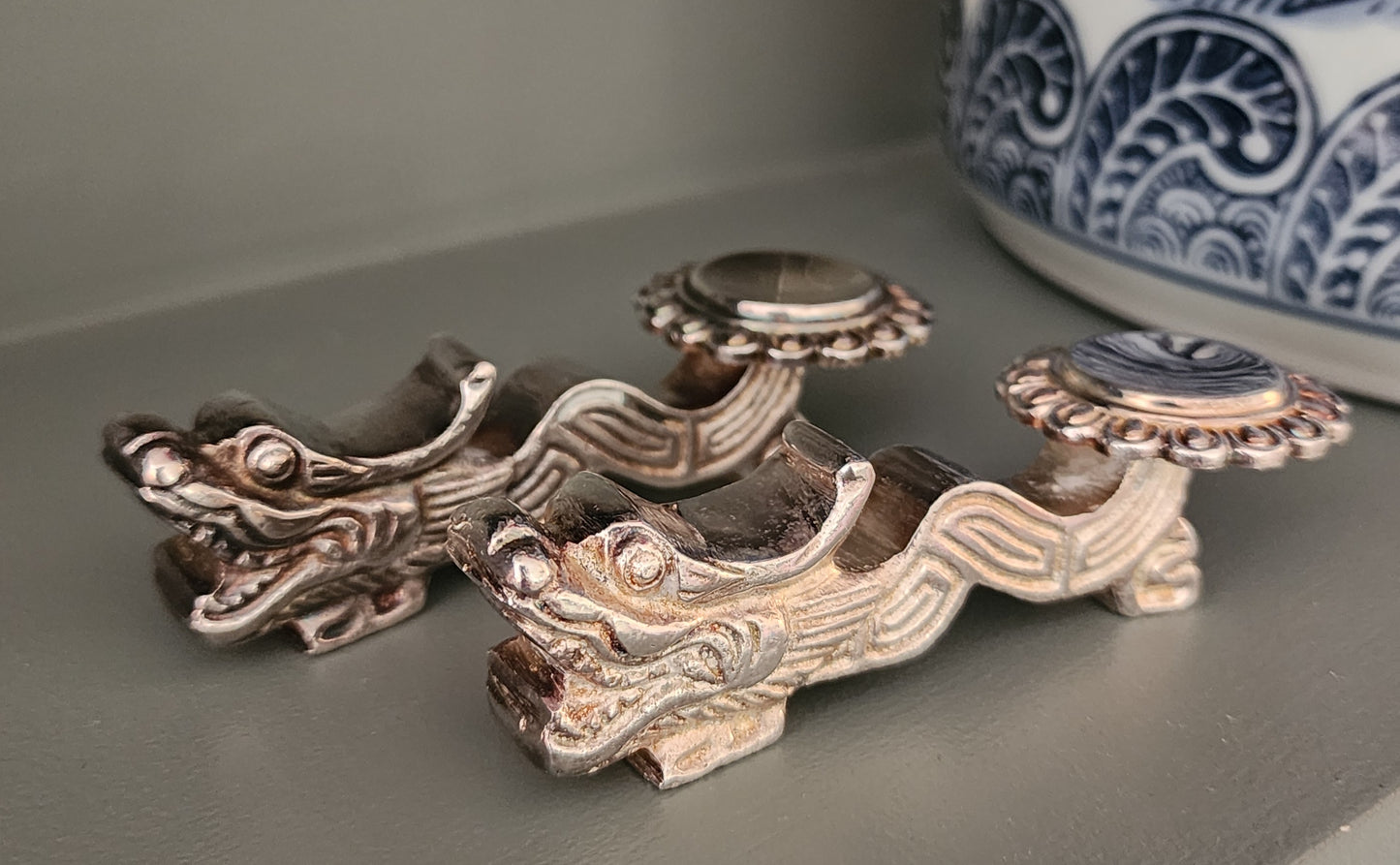 Set of 2 Vintage Chinese Dragon-shaped Silver-tone Metal Chopstick Rests or Utensil Holders