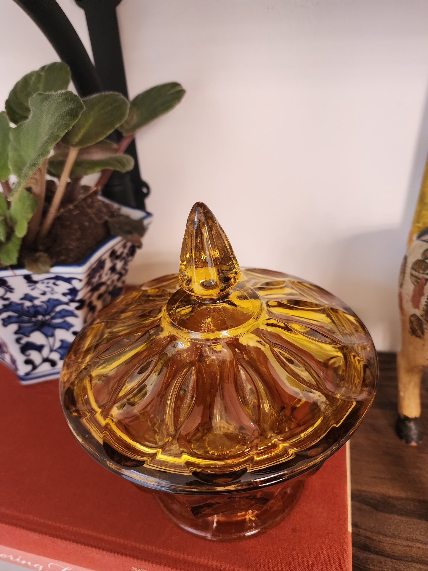 Anchor Hocking Fairfield amber glass footed candy dish with a lid