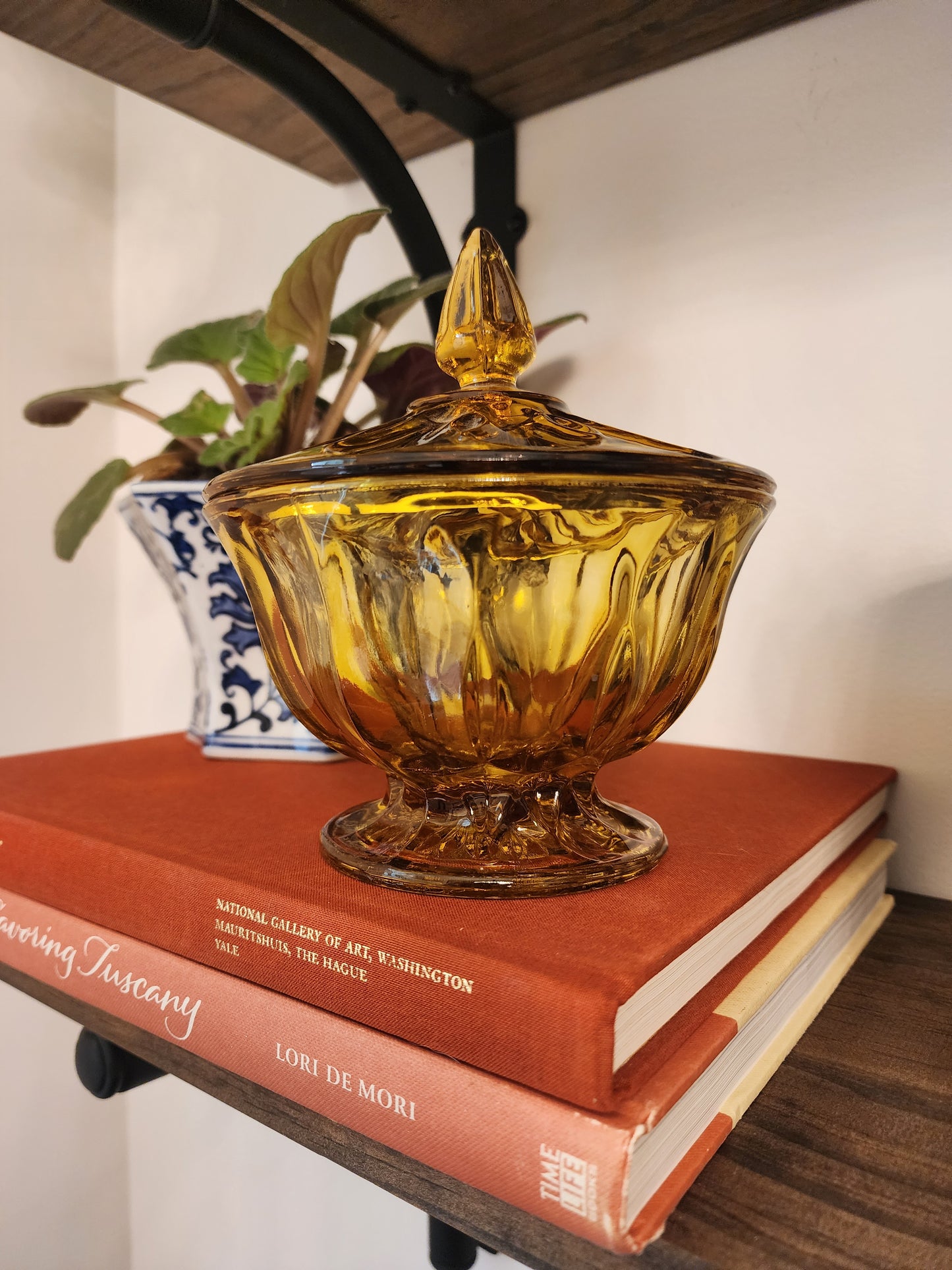 Anchor Hocking Fairfield amber glass footed candy dish with a lid