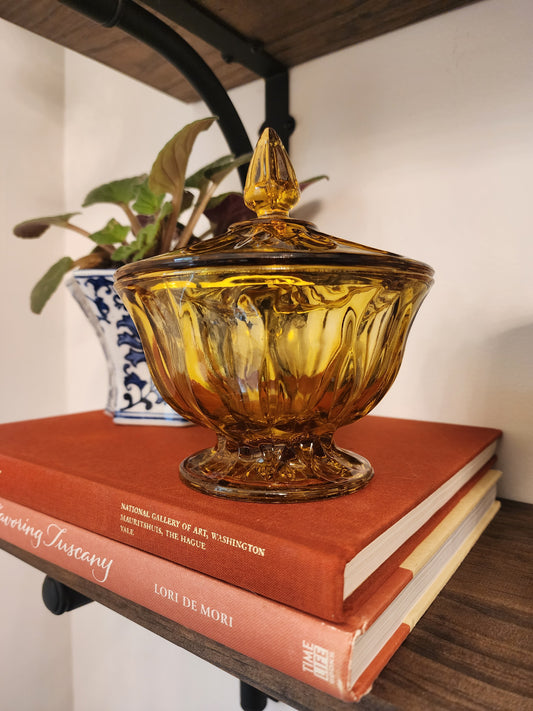 Anchor Hocking Fairfield amber glass footed candy dish with a lid