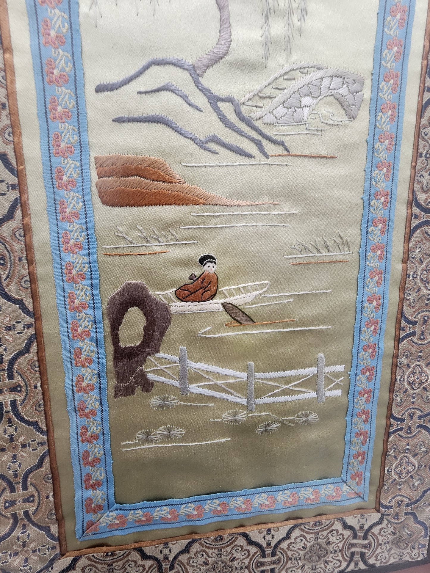 Chinese hand-embroidered silk tapestry panel, beautifully framed and matted