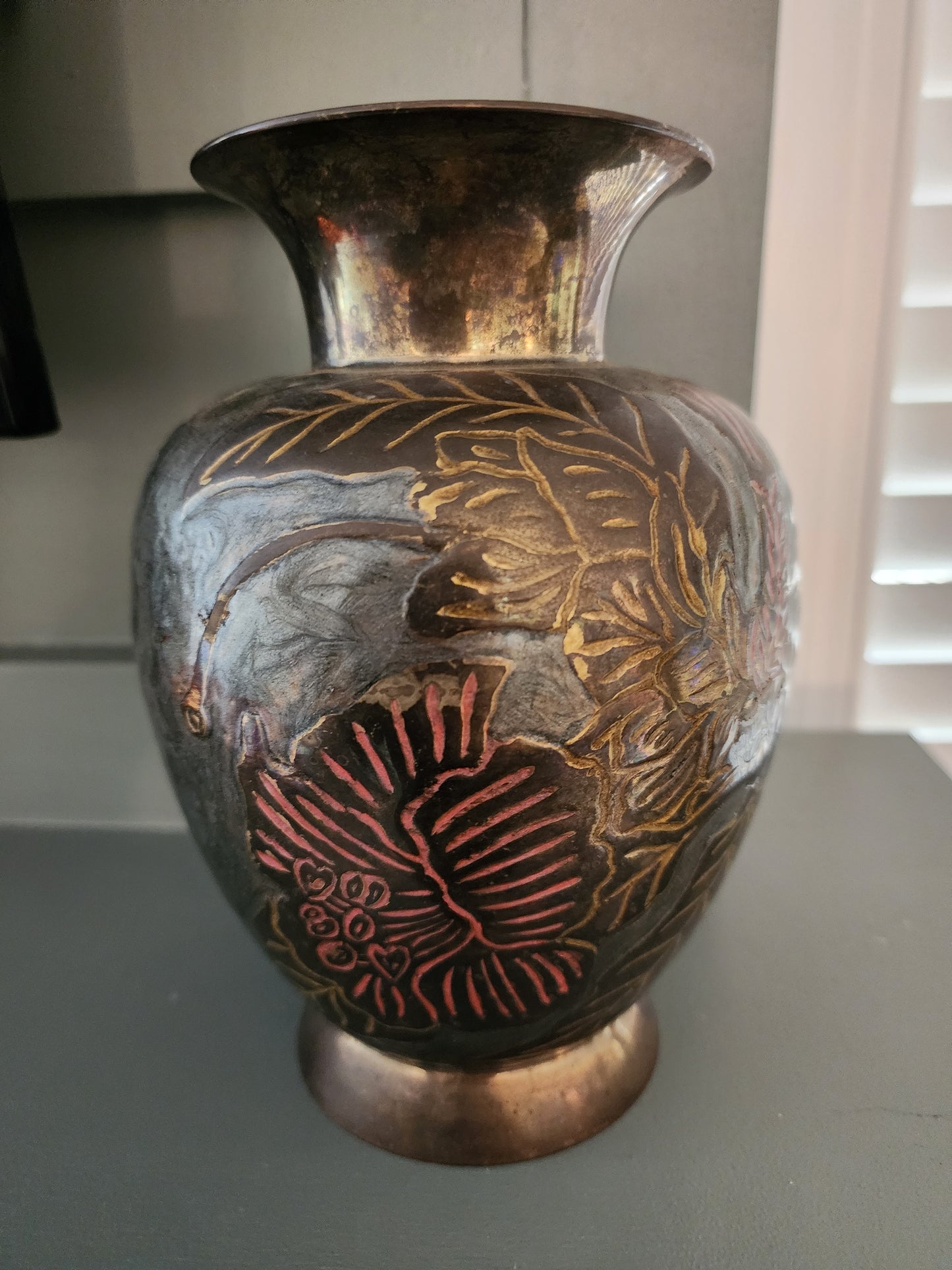W.M. Rogers & Son, Solid Brass Vase with an Etched Floral Design.