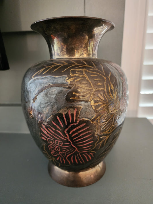 W.M. Rogers & Son, Solid Brass Vase with an Etched Floral Design.