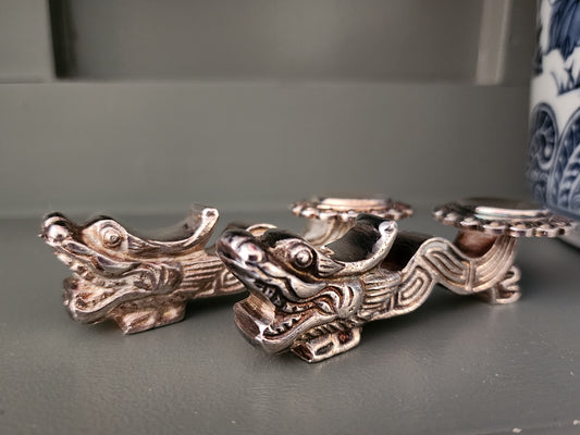 Set of 2 Vintage Chinese Dragon-shaped Silver-tone Metal Chopstick Rests or Utensil Holders