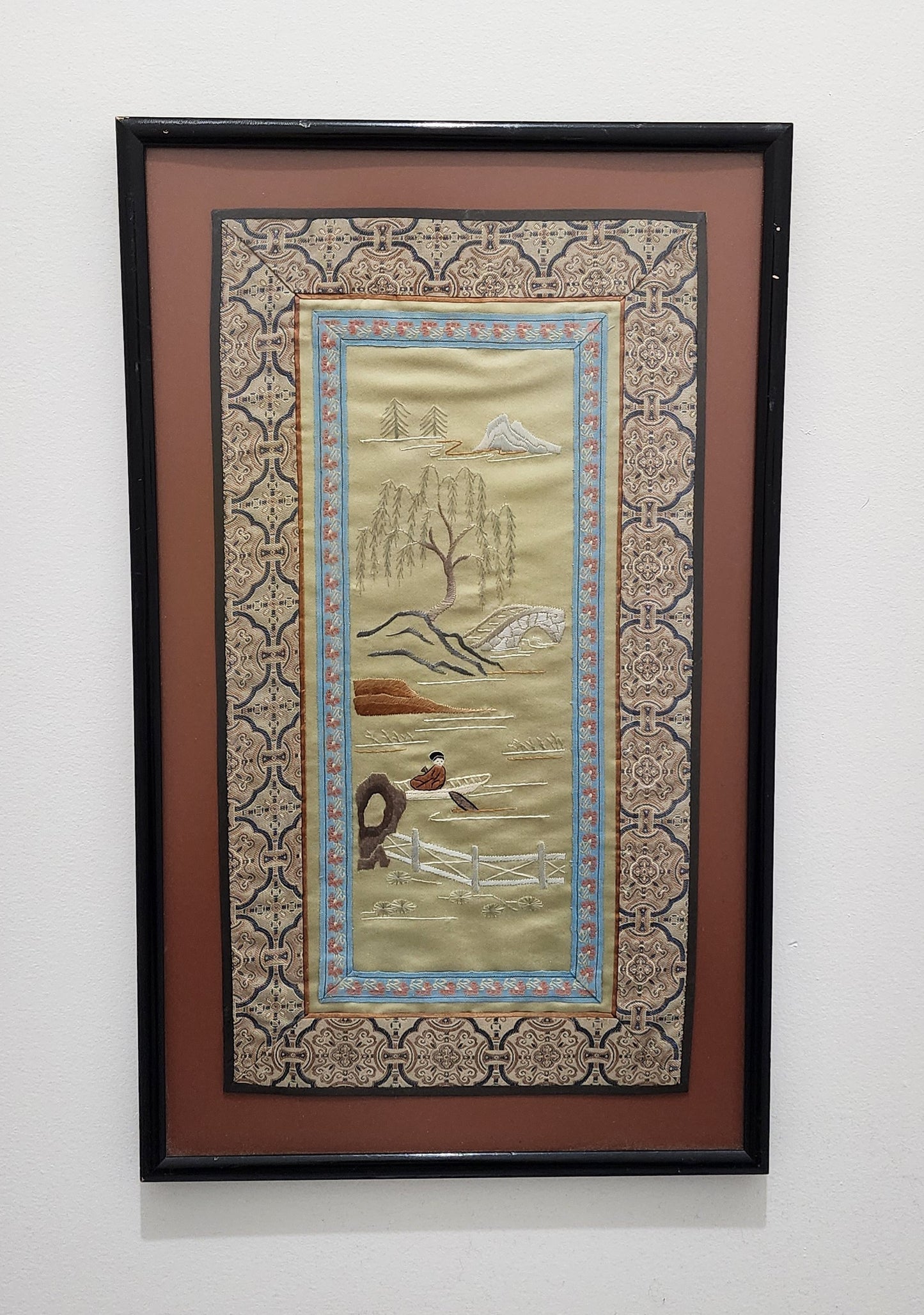 Chinese hand-embroidered silk tapestry panel, beautifully framed and matted