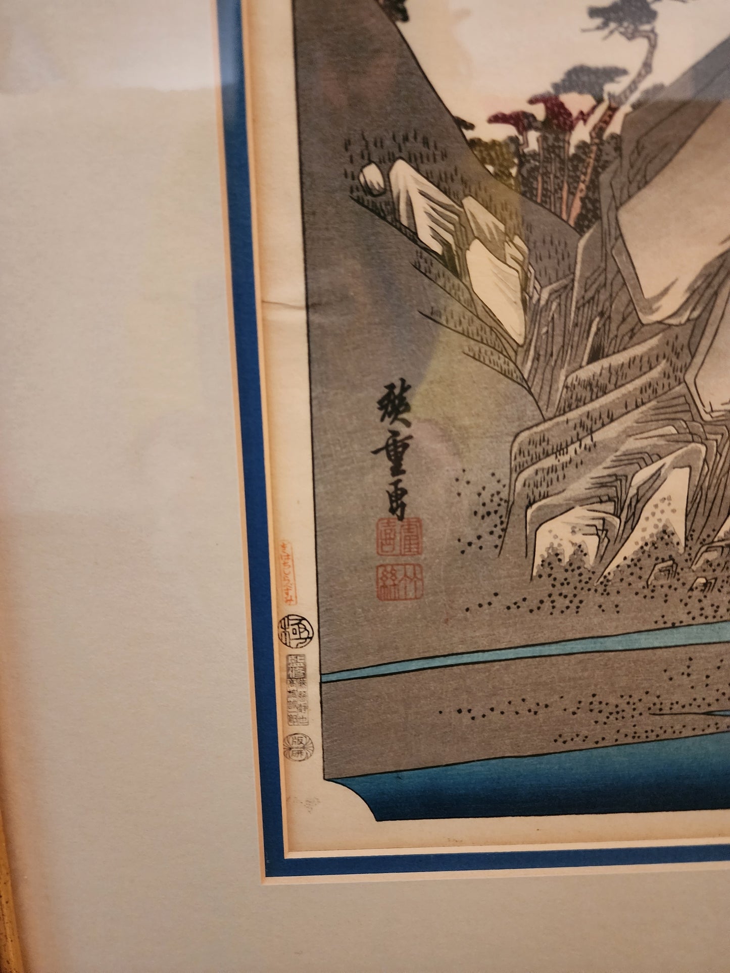 Japanese woodblock print titled Okitsu River at Okitsu by the artist Utagawa Hiroshige (1797-1858)