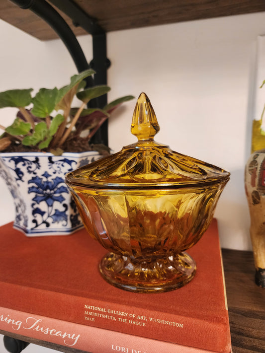Anchor Hocking Fairfield amber glass footed candy dish with a lid