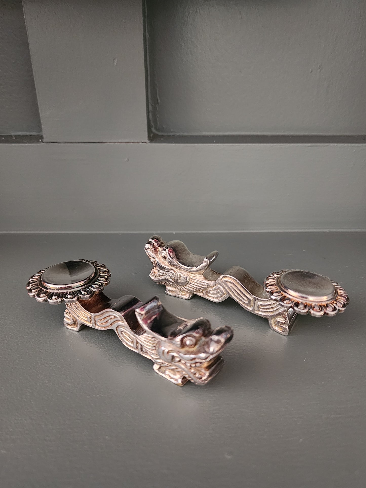 Set of 2 Vintage Chinese Dragon-shaped Silver-tone Metal Chopstick Rests or Utensil Holders