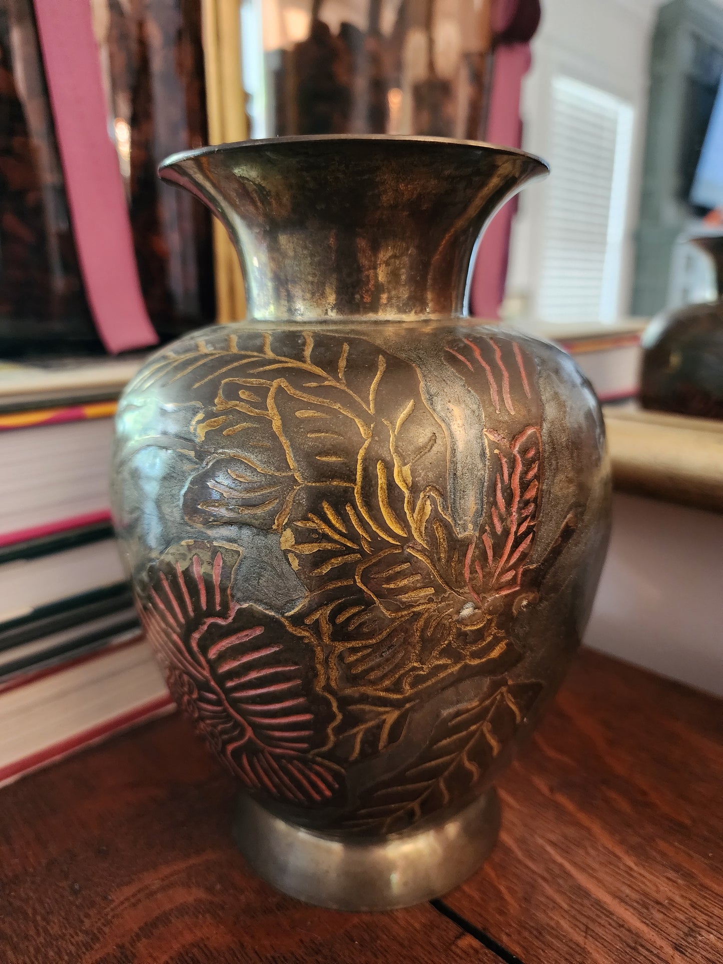 W.M. Rogers & Son, Solid Brass Vase with an Etched Floral Design.